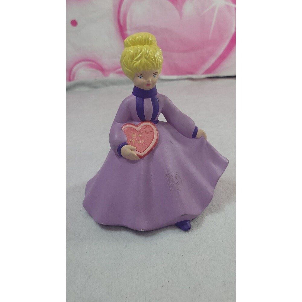 Vintage Kitschy Ceramic Girl Purple Dress Be Mine Valentine Figurine Decor